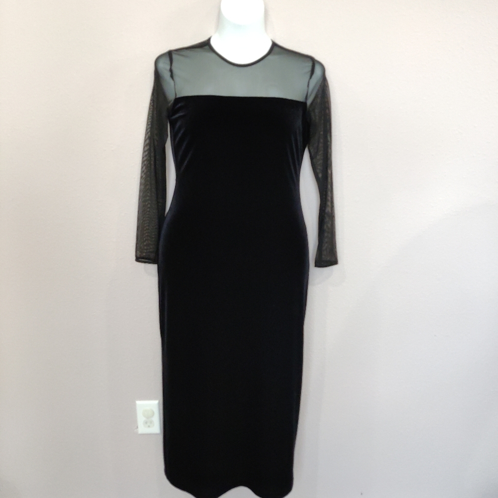 Vintage long sleeve black velvet and mesh dress